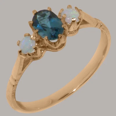 Solid 14ct Rose Gold Natural London Blue Topaz & Opal Womens Trilogy Ring - Image 1 of 4