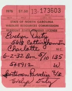 Vintage 1976 Charlotte North Carolina Fishing License  #R214 - Picture 1 of 2