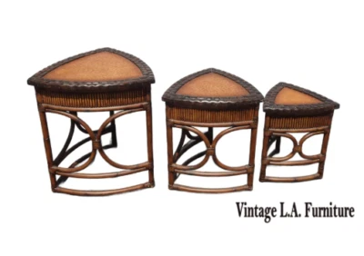 Three Vintage Bamboo Rattan Leather Ostrich Nesting Tables  French Country LH2 - Image 1 of 4