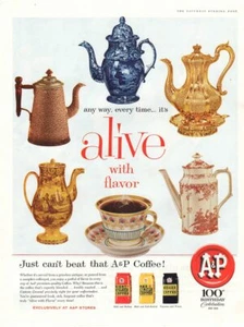 Estampado publicitario vintage Drink Coffee marca A&P Alive inusual cafeteras 1959 - Imagen 1 de 1