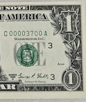 $1 1969D Six Of A Kind Low Trinary Serial Number Birthday 37 UNCIRCULATED CRISPY - Image 1 of 3