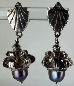 Vintage Silver Black Tahitian? Pearl Earrings Drop Dangle Ornate Art Deco - Picture 1 of 13