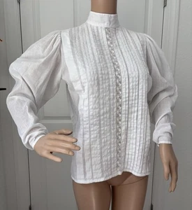 Vintage 90s Ellen Tracy White Cotton Linen Edwardian Victorian Style Blouse Top - Picture 1 of 11