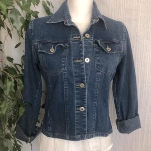 Women's cropped jean denim jacket medium blue size S button down - Picture 1 of 13