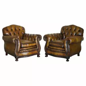 ANTIQUE PAIR OF THOMAS CHIPPENDALE STYLE CHESTERFIELD BROWN LEATHER ARMCHAIRS - Picture 1 of 11