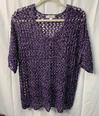 Dressbarn 女式紫色银色金属开襟针织短袖毛衣 14/16 码 — 第 1/4 张图片
