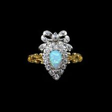 Antique Design 18 ct Gold Gilded Silver Opal & Paste Heart Bow Ring sz N / O
