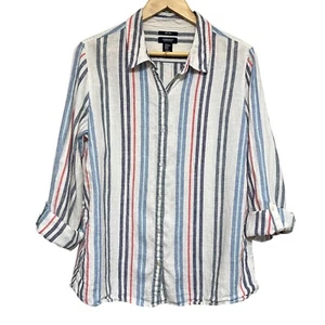 Jones & Co Linen Button Down Shirt Womens XL Striped Roll Tab Sleeves Beach - Picture 1 of 9