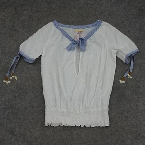 Free People Top Womens Large White Blue Boho Keyhole Sheer Beachy Shells Linen - Picture 1 of 14