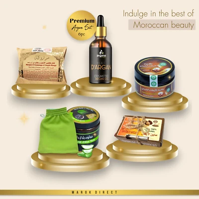 Premium Moroccan Argan Oil Hammam Set withBeldi Soap Kessa Face Cream Clay Mask - Image 1 of 4