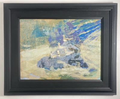 Collage de pintura original vintage cinco pájaros paisaje marino abstracto - firmado años 60 Foto 1 de 4