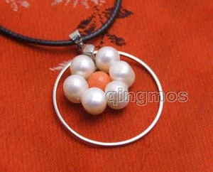 SALE white pearl & Pink Coral with 28mm metal Ring cord 17-19" necklace -nec6390 - Picture 1 of 5