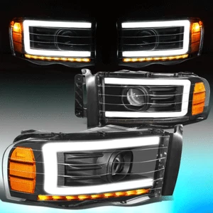 FOR 2002-2005 RAM LED DRL SEQUENTIAL TURN SIGNAL PROJECTOR HEADLIGHT BLACK/AMBER - Picture 1 of 9