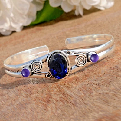 Faceted Tanzanite Amethyst Gemstone 925 Sterling Silver Bracelet For 1st Time - Image 1 of 4