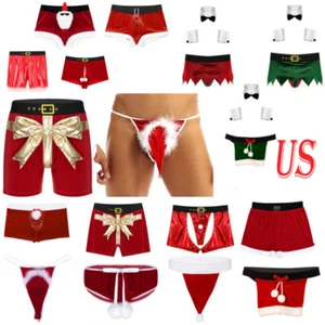 Men's Christmas Elf Costume Sexy Underwear Outfits Velvet Thongs T-Back - Picture 1 of 134