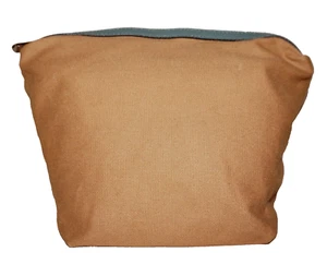 'B' Small Tan Canvas & Green Leather Zippered Cosmetic Pouch 8x8 - Picture 1 of 9