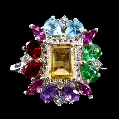 925 Sterling Silver Ring Octagon Citrine Amethyst Natural Gemstone Jewelry Size  - Image 1 of 4