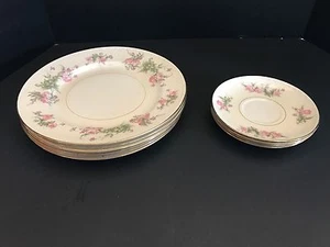 Homer Laughlin Eggshell Georgian 6 Speiseteller 4 Untertassen B47N5 Rosa Rosen Gold - Bild 1 von 8