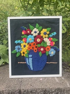 Vintage Punch Needle Framed Flower Vase Picture 60s 70s Hippie Groovy - Picture 1 of 10