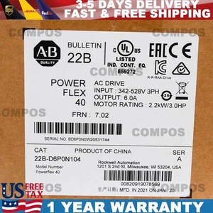 New AB 22B-D6P0N104 Powerflex 40 AC Drive 3.0Hp 2.2kW 22BD6P0N104 US Free Tax - Picture 1 of 1