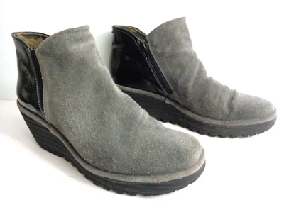FLY LONDON YIP EU 42 US 10M Grey Suede & Black Patent wedge zip booties PORTUGAL - Image 1 of 4