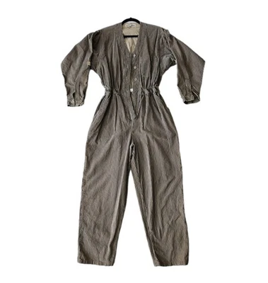 Vtg Coffee Bean Beige & Blue Pinstripe Corduroy ButtonUp Dolman Tapered Jumpsuit - Image 1 of 4