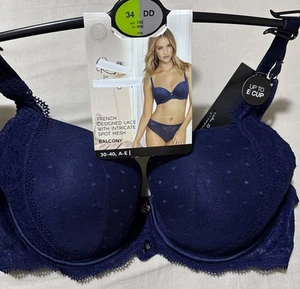 M&S ROSIE AUTOGRAPH FRENCH LACE & SPOT MESH WIRED BALCONY Bra IN NAVY Size 34DD - Picture 1 of 9