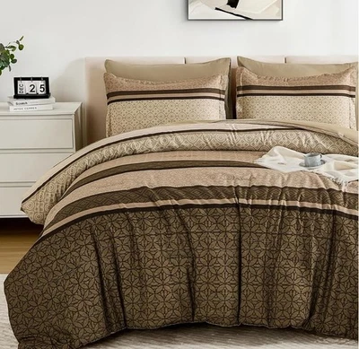  Juego de edredón 7 piezas tamaño cama a rayas en bolsa California King marrón Foto 1 de 4