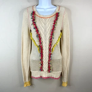 Anthropologie Angel of The North Boho Crochet Sweater NWOT S Fringe 3D Pom Poms - Picture 1 of 14