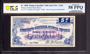 1898 5c VESCOVI NEGOZIO GENERALE CASA LAGO SALE CITTÀ SCRIP OBSOLETO PCGS AU 58 PQ - Foto 1 di 2
