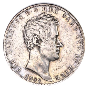 ITALIA REGNO DI SARDEGNA Carlo Alberto 5 Lire 1839 Genova RR Periziata MB/qBB - Picture 1 of 2
