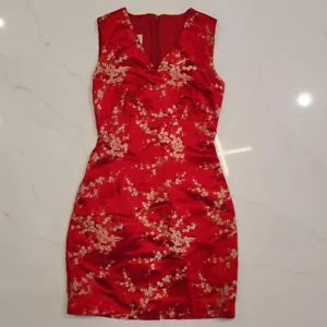 VTG 90s Silk blend Sz 2 Moda International Cheongsam-inspired Red Floral Dress - Picture 1 of 8