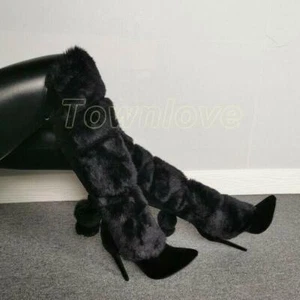 Women's Fur Furry Mid-calf Boots Stilettos Heel Party Pointy Toe Shoes Oversize - Picture 1 of 11