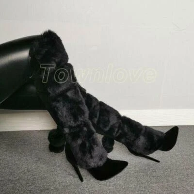 Women's Fur Furry Mid-calf Boots Stilettos Heel Party Pointy Toe Shoes Oversize - Image 1 of 4