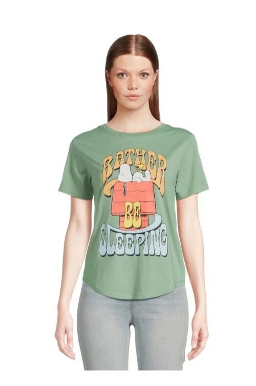 Peanuts Juniors Green Snoopy Rather Be Sleeping Tee Shirt Medium (7-9)