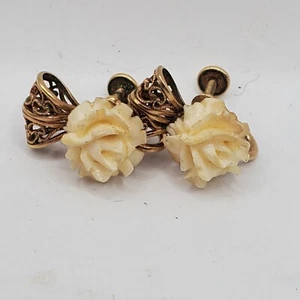 Vintage AMCO 14 K Gold Fill Screw Back Earrings Carved White Roses - Picture 1 of 9