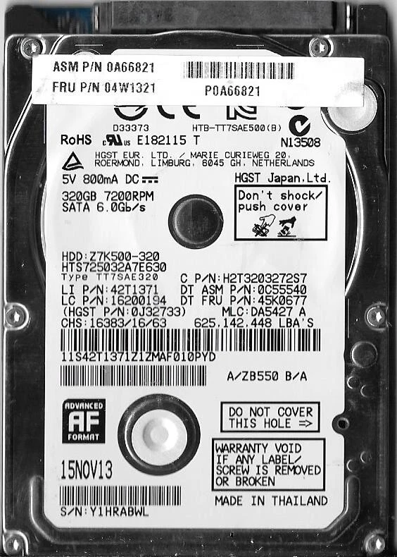 HGST HTS725032A7E630 320GB Sata Hard Drive P/N: 0J32733  MLC: DA5427 - Image 1 of 2