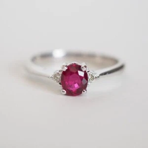 14K Solid White Gold Natural Ruby and Diamonds Vintage Solitaire Engagement Ring - Picture 1 of 6
