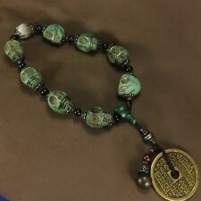Tibet Turquoise Carved Skull Exorcism prayer bead bracelet Copper BaGua Pendant