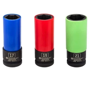 3pc 1/2” Dr. Metric Lug Nut Remover Wheel Socket w/Protective Sleeve, Thin Wall - Picture 1 of 9