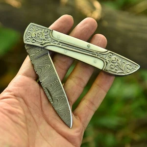 Handmade Damascus Steel CAMPING TACTICAL Folding blade Pocket Knife Belt Sheath - Picture 1 of 5