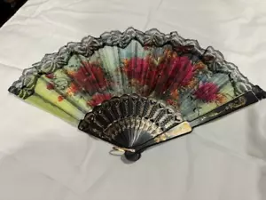 Folding Hand Fan Black Lace Multi Flower Color Design open size 16.5x9" - Picture 1 of 2