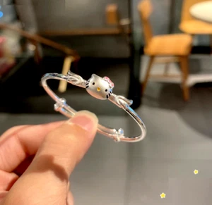 Women Girl Silver Hello Kitty Cat Winged Cuff Bangle Adjustable Bracelet - Picture 1 of 3