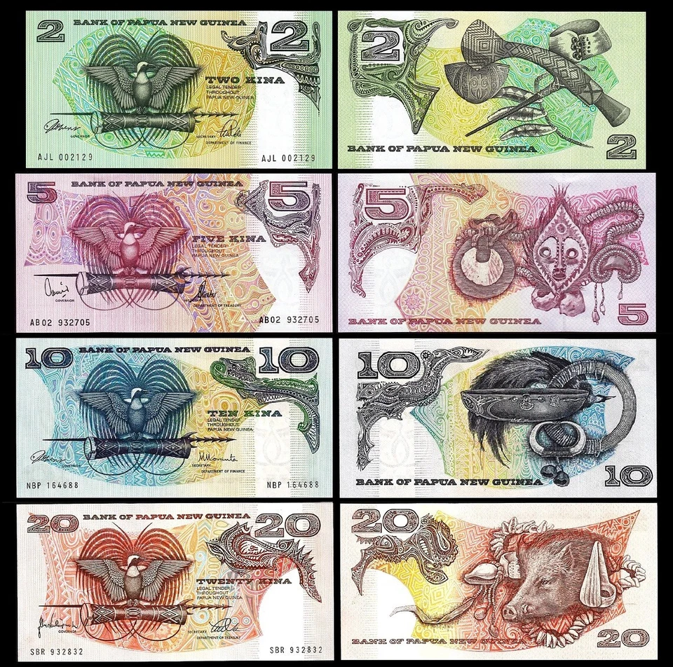 Papua New Guinea 4 Pcs UNC Set, 2 5 10 20 Kina 1981 1985 1987 - Image 1 of 4