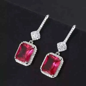 4Ct Emerald Cut Lab Created Red Ruby Drop Dangle Earrings 14K White Gold Plated - Picture 1 of 6