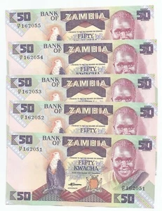 ZAMBIA MONEY 5 PCS 50 KWACHA 1986 CURRENCY MONEY NOTE UNC BANKNOTE BILL - Picture 1 of 2