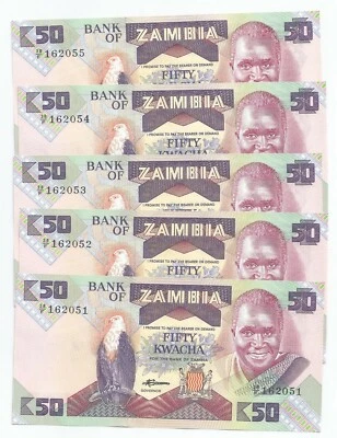 ZAMBIA MONEY 5 PCS 50 KWACHA 1986 CURRENCY MONEY NOTE UNC BANKNOTE BILL - Image 1 of 2