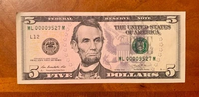 Very Low Serial Number $5 Five Dollar Bill 00009527M Series 2013 - Image 1 of 2