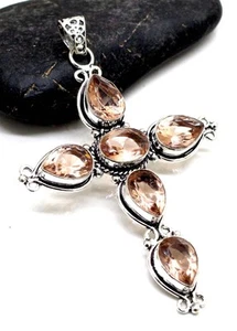 925 Sterling Silver Morganite Gemstone Jewelry Cross Pendant Size-3.10" - Picture 1 of 7