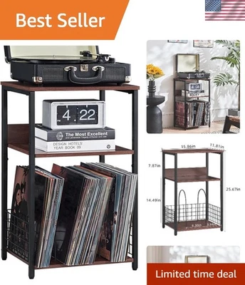 Compact Walnut Record Player Stand - 3 Tiers for Easy Vinyl Access and Storage - Image 1 of 4